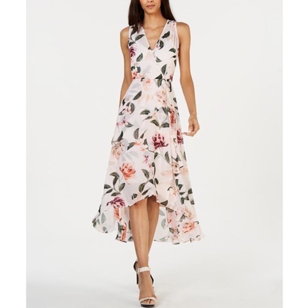 Calvin Klein Floral-Print High-Low Wrap Maxi Dress